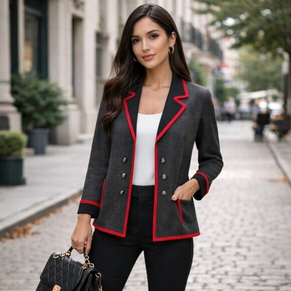 Misook Knit Blazer Jacket Gray Red Trim Open Front Career Chic Size Medium - Picture 11 of 11